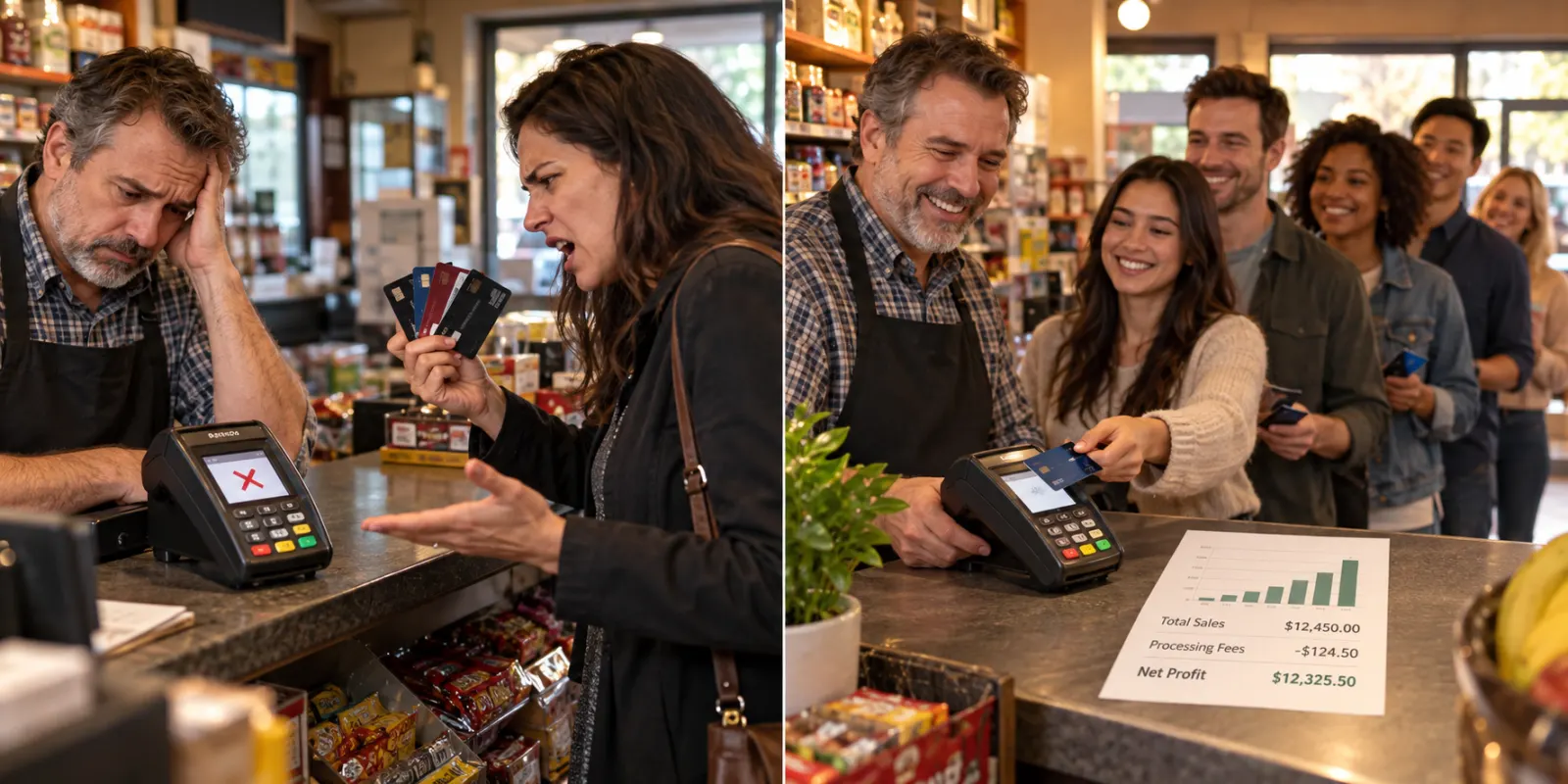 Two checkout counters taking card payments side by side